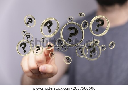 A 3D rendering of a man pointing at floating black question marks