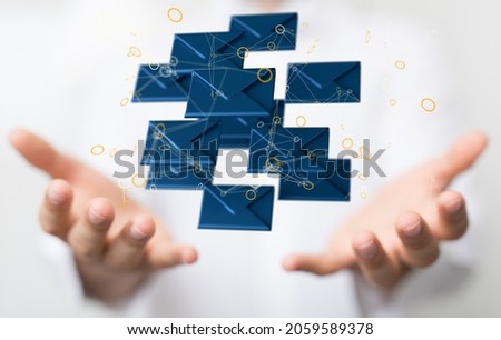 The hands holding rendered mail icons