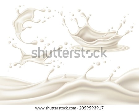 3D milk splashes. Realistic white creamy liquid