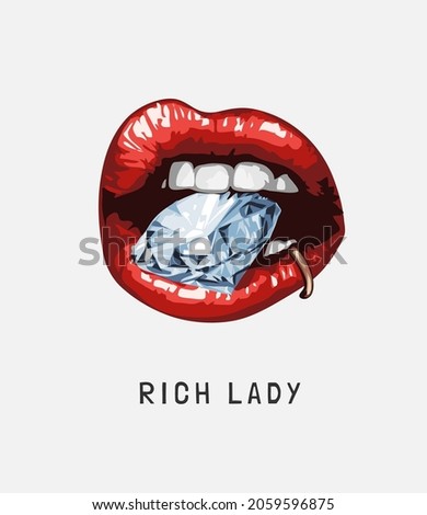 rich lady slogan with diamond in girl piercing lips vector illustration