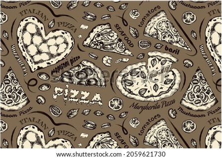 Outline drawing pattern of pizza with tomatoes, melted mozzarella cheese, salami, pepperoni, seafood, basil. Vintage italian food wallpaper. Sketch hand drawn pizza Margarita. Vector illustration.