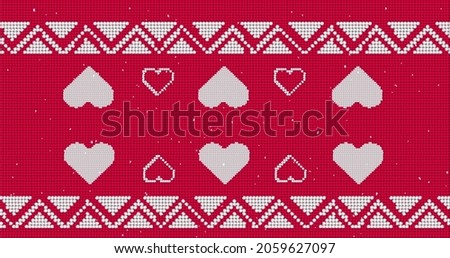 Image of white traditional Christmas pattern with hearts and snow falling on red background. Christmas season festivity concept digitally generated image.