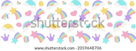 Pop it background as a fashionable silicon fidget toys. Addictive anti-stress toy in pastel colors. Bubble popit background with rainbow, star, unicorn, heart, shell. Vector illustration wide format. Royalty-Free Stock Photo #2059648706