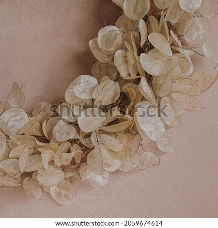 Aesthetic bohemian minimal Christmas, New Year decoration concept. Closeup Christmas wreath made of lunaria leaves on neutral dusty pink background