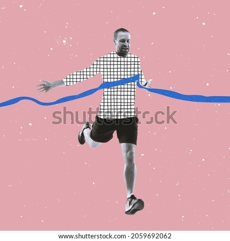 Win, success. Professional male athlete, runner on pink background with drawings. Modern design, contemporary creative art collage. Inspiration, idea, trendy magazine style. Sport, achievements Royalty-Free Stock Photo #2059692062