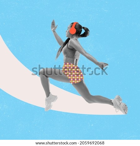 Right way for goal. Female runner, jogger on blue background. Modern design, contemporary creative art collage. Inspiration, idea, magazine style, fashion and style. Copyspace for text or ad. Sport. Royalty-Free Stock Photo #2059692068