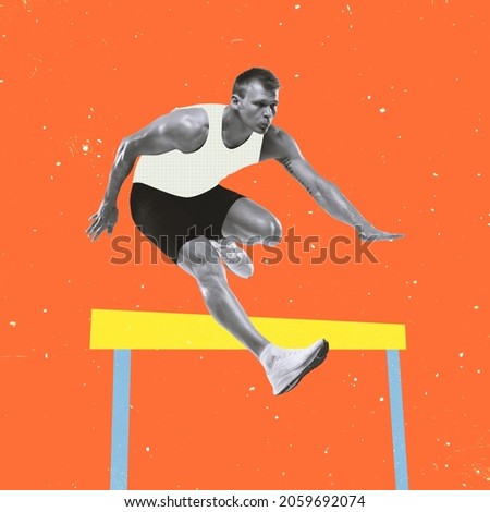 Hurdling. Professional male athlete, runner on bright background with drawings. Modern design, contemporary creative art collage. Inspiration, idea, trendy magazine style. Sport, digital clothes Royalty-Free Stock Photo #2059692074