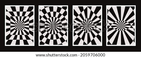 Collection of Monochrome Optical Illusion Backgrounds. Set of Geometric Abstract Posters. Psychedelic Abstraction Pattern. Royalty-Free Stock Photo #2059706000