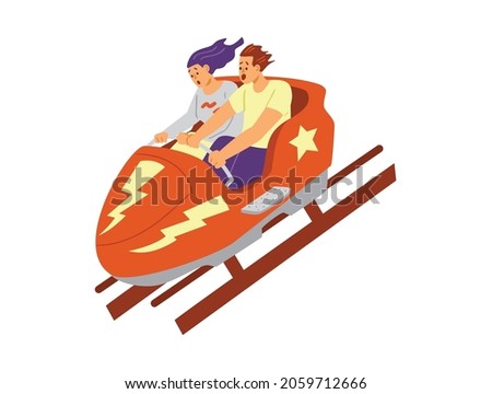 People on roller coaster or Russian mountains rides, flat vector illustration isolated on white background. Young boy and girl riding park attractions. Royalty-Free Stock Photo #2059712666