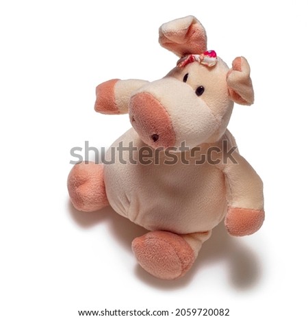 Soft toy pig on a white background