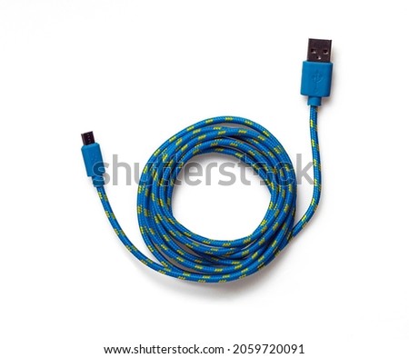 Blue micro usb cable on white background