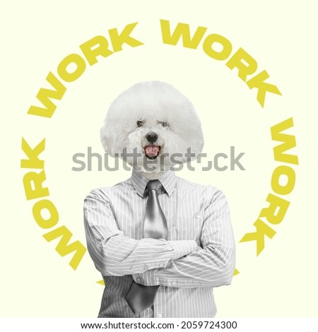 Professional growth. Contemporary art collage of bossy man, businessman with dog head isolated over yellow background. Concept of business, motivation, work, career. Copy space for ad