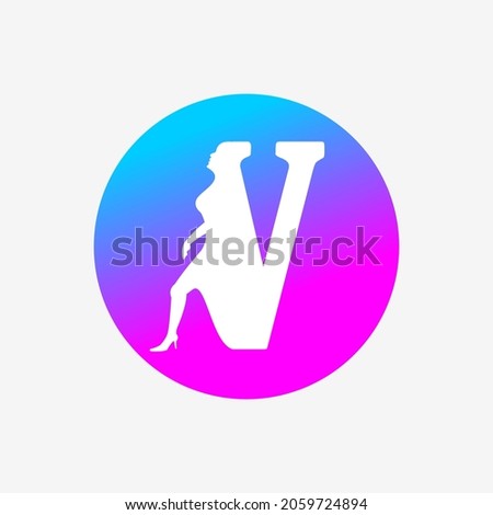letter v logo, letter icon and walking woman in blue pink dots. creative logo icon