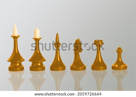 Classic wooden chess includes king queen horse ship and pawn on background.