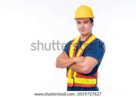 Portrait young architect man engineering wearing yellow helmet , He standing arms crossed isolated on white background with copy space Royalty-Free Stock Photo #2059727627