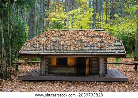 little mystic wooden log house in the autumn forest, Tervete, Latvia