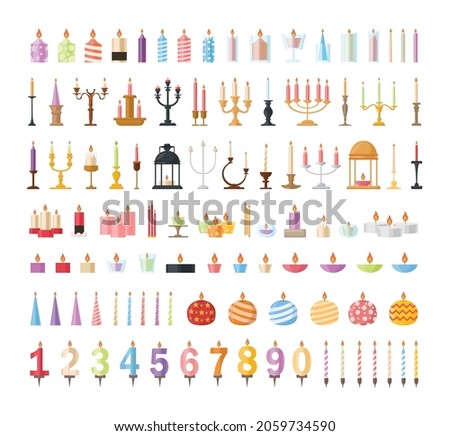 Collection of colorful candles and candlesticks in flat style. Objects for room decoration. Candles for a cozy and festive atmosphere.