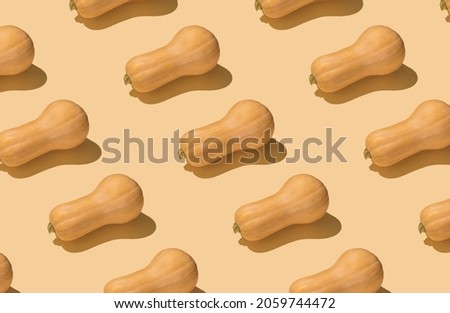 Photo image of long raw pumpkin isolated on light beige backdrop