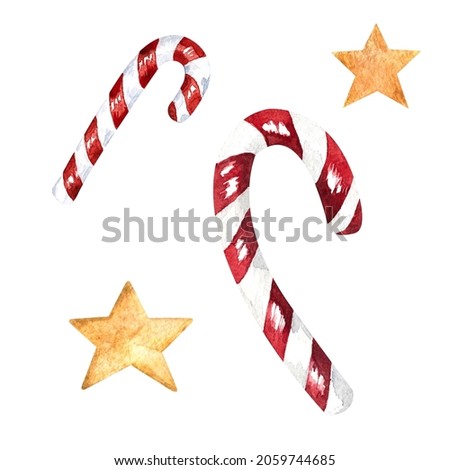 Watercolor illustration with striped lollipops and stars, isolated illustration on a white background. Christmas illustration for postcards, posters, decorations.