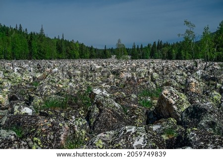 The river of rocks or Stone River. Taganay National Park in Southern Urals, Russia. The Ural mountains.
