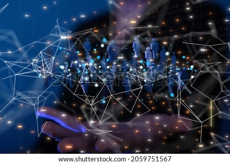 A 3D render of an Abstract technology group and social network connection on a blurry background
