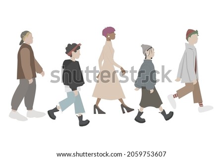 Group portrait of teenage boys and girls or school friends go to right together, stylish, modern clothes. Happy students isolated on white background. Flat cartoon vector illustration.