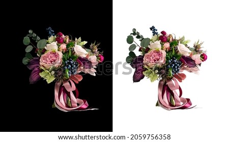 bridal bouquet isolated on black background. Flower arrangement of roses, blue eringium, eucalyptus. Banner for wedding Royalty-Free Stock Photo #2059756358