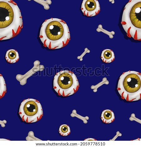 plasticine 3d illustration of Halloween. bones and eyes on the blue  background seamless pattern for print