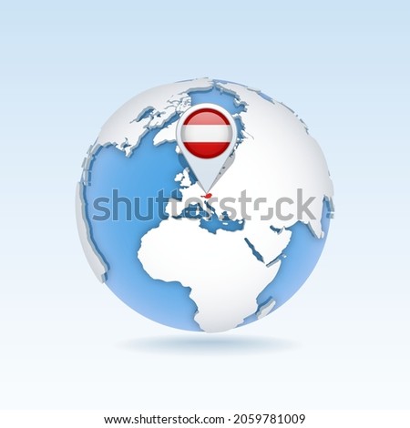Austria - country map and flag located on globe, world map. 3D Vector illustration