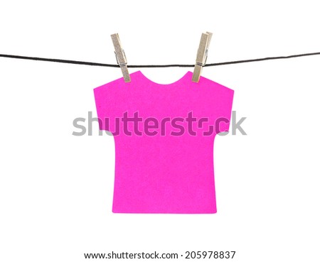 Flat pink T-shirt sticky note hanged, isolated on white background