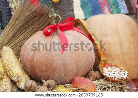 Orange pumpkin with bow, autumn harvest