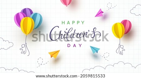 Children's Day with flying colorful 3d paper balloons and airplanes on school notebook background. Vector doodle cartoon kids, planes, ballons poster template