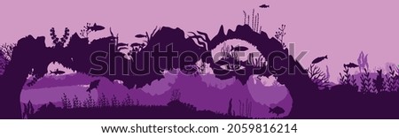 Underwater world. Sea with fish, reefs and algae. Vector