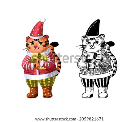 Cute Christmas tiger with a gift in two versions: color and black and white. Dressed in a cap, pants and a santa jacket