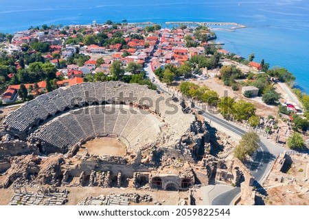 The Ancient City of Side. Port. Peninsula. Turkey. Manavgat. Antalya. The largest amphitheater in Turkey. The main street of the ancient city. Mediterranean Sea. View from above Royalty-Free Stock Photo #2059822544