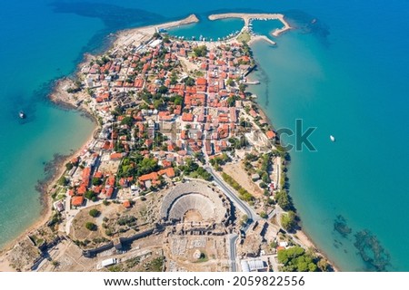 The Ancient City of Side. Port. Peninsula. Turkey. Manavgat. Antalya. The largest amphitheater in Turkey. The main street of the ancient city. Mediterranean Sea. View from above Royalty-Free Stock Photo #2059822556