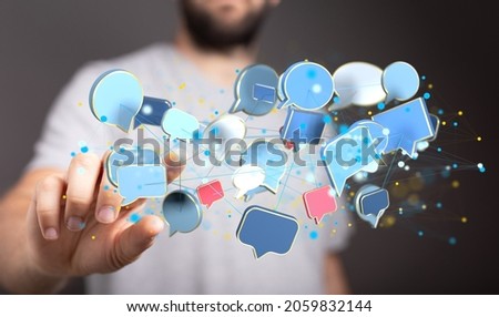 A person presenting the virtual projection of digital speech bubbles connection