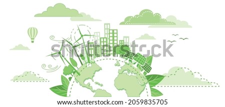 Green Energy and Renewable Energy Concept Vector Illustration. Eco Friendly and Recycling Isolated Vector Icons. Save and Protect the Planet Concept Banner or Poster. Can be used for web or for print.