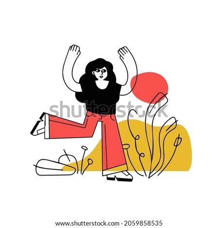 Woman run. Hurrying character gestures. Flat cartoon illustration isolated on white. Happy Girl raised hands up