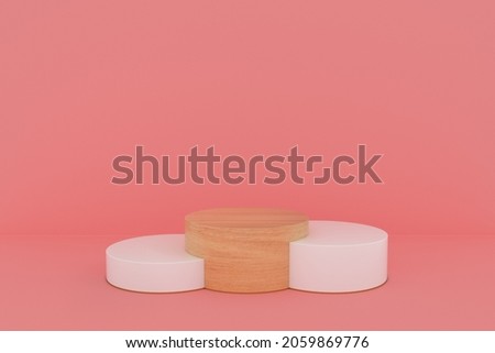 Marble and wooden pedestals or podiums with chrome-plated frames on a pink background