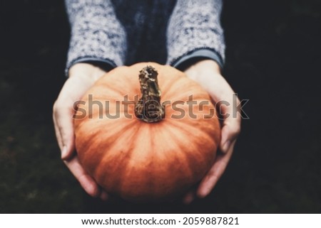 Pumpkin in hands - moody blurred picture, low key