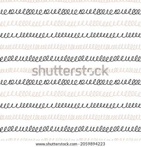 Looping thin lines vector seamless pattern. Hand drawn horizontal doodles, swirled and curly lines. Black paint abstract geometric background. Ornament for wrapping paper. Dry brushstrokes pattern.