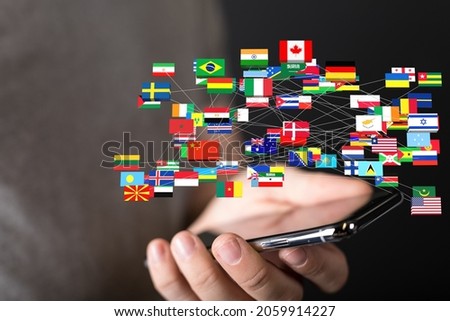 An illustration of international counties flags in hands of a human