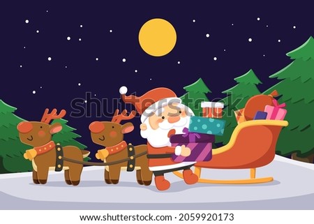 Christmas greeting card template. Flat illustration of Santa Claus parking its reindeers chariot and going to send the gift stack on dark blue background