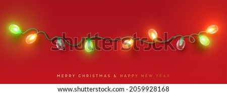 Christmas shining garland. Realistic 3d design light effect. New year decorative element multicolored lamps. colored Neon bulb Xmas holiday decor. Vector illustration