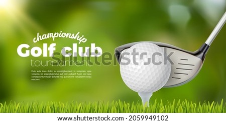 Golf club and ball tee on grass field, vector sport tournament poster background. Golf championship or team competition event banner with golf ball and stick on green putter field background Royalty-Free Stock Photo #2059949102