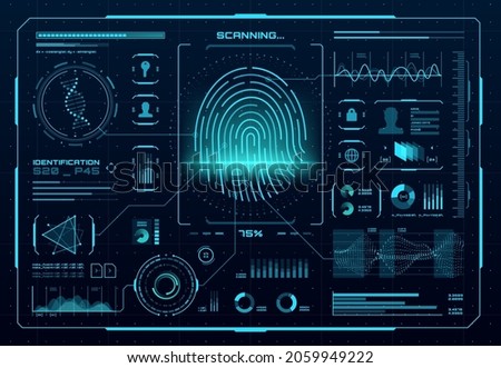 HUD biometric access control interface. Fingerprint scanner, digital identification or authentication technology. Vector thumb print with neon glowing infographic elements, DNA, graphs and charts Royalty-Free Stock Photo #2059949222