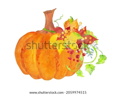 pumpkin with leaves for halloween or autumn designs, orange watercolor thanksgiving plant with green vines and floral fall leaves and berries, large size file with high resolution