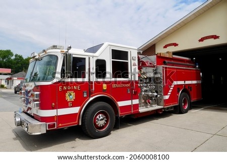 Fire engine at Wareham fire station. Massachusetts, USA.  Royalty-Free Stock Photo #2060008100