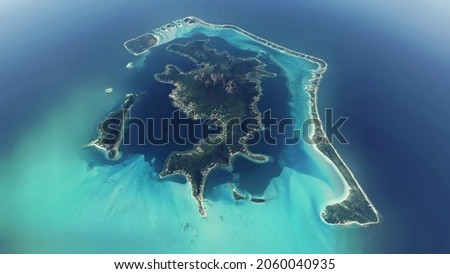 Aerial view of Bora Bora is island group in Leeward Islands main part northwest of Papeete 4k screenshot of high resolution animation Royalty-Free Stock Photo #2060040935